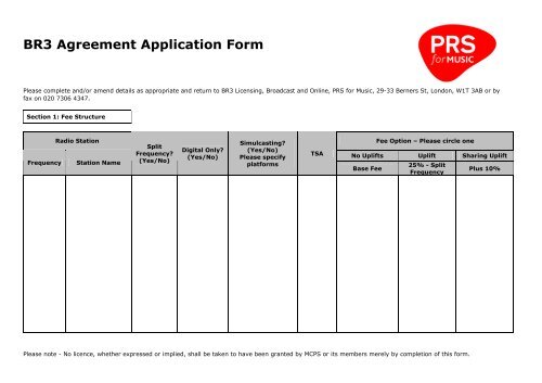 BR3 Agreement Application Form - PRS