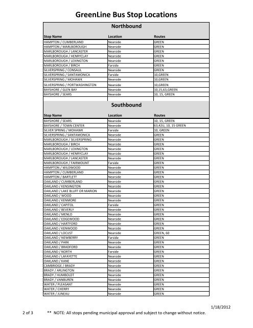 GreenLine Bus Stop Locations