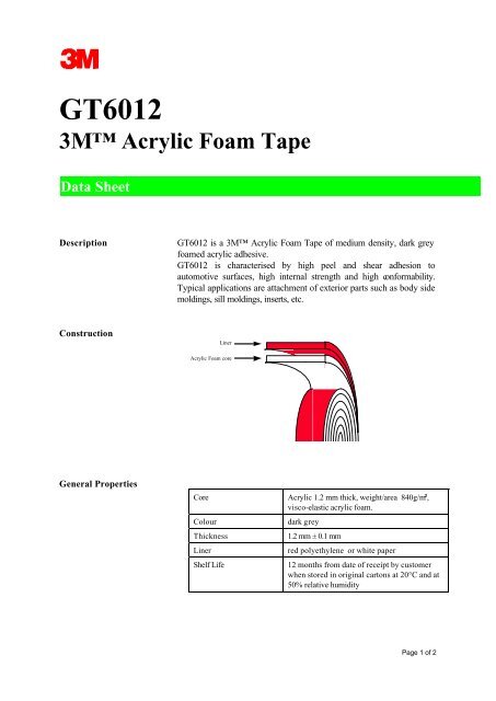 GT6012 3Mâ¢ Acrylic Foam Tape