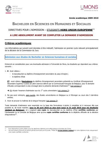 HUE Dossier d'admission 2010-2011 - Université de Mons