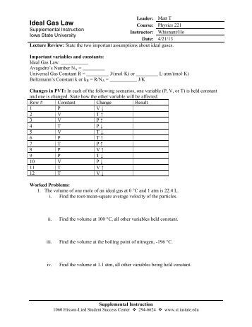 Worksheet Gas Laws - Chemistry At Central High School