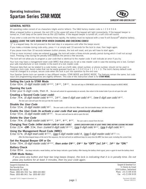 Operating Instructions - Sargent and Greenleaf