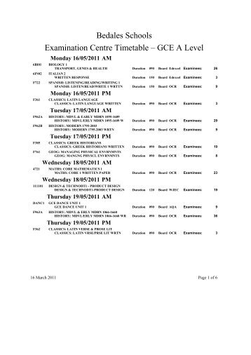 Bedales Schools Examination Centre Timetable â GCE A Level