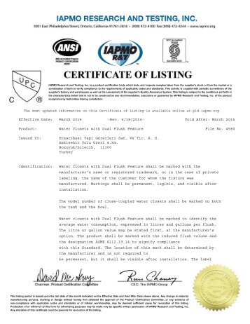 IAPMO RESEARCH AND TESTING, INC. CERTIFICATE OF ... - VitrA