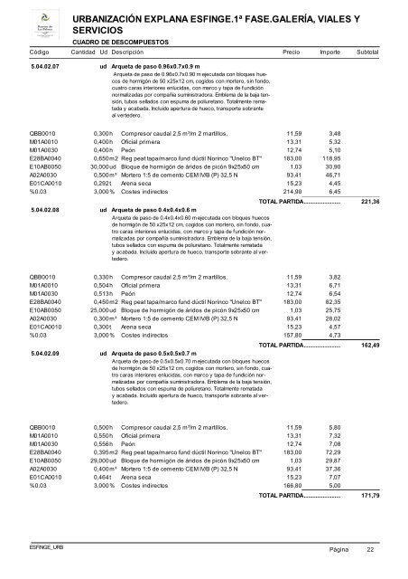 (1ª FASE). GALERÍA, VIALES Y SERVICIOS TOMO I DE III ...