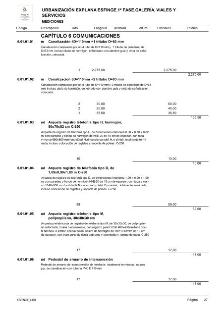 (1ª FASE). GALERÍA, VIALES Y SERVICIOS TOMO I DE III ...