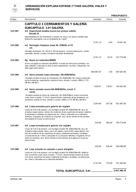 (1ª FASE). GALERÍA, VIALES Y SERVICIOS TOMO I DE III ...