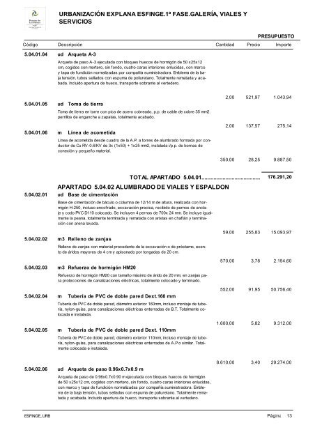 (1ª FASE). GALERÍA, VIALES Y SERVICIOS TOMO I DE III ...