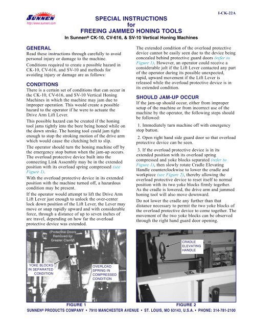 SPECIAL INSTRUCTIONS for FREEING JAMMED  - Sunnen