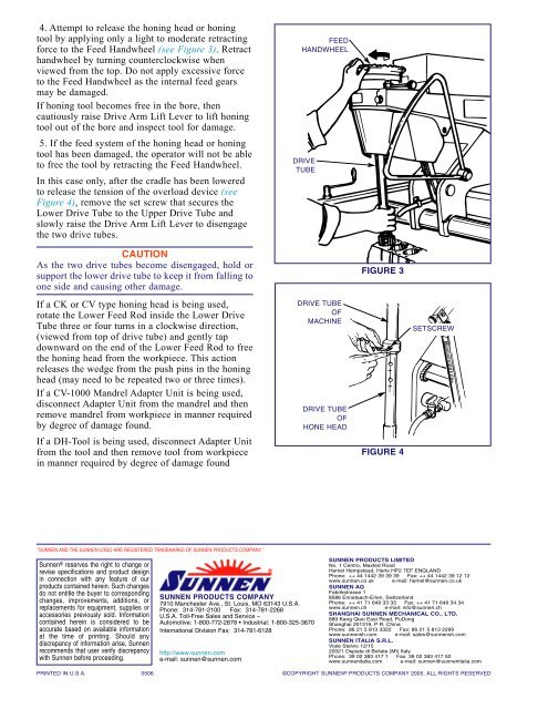 SPECIAL INSTRUCTIONS for FREEING JAMMED ... - Sunnen