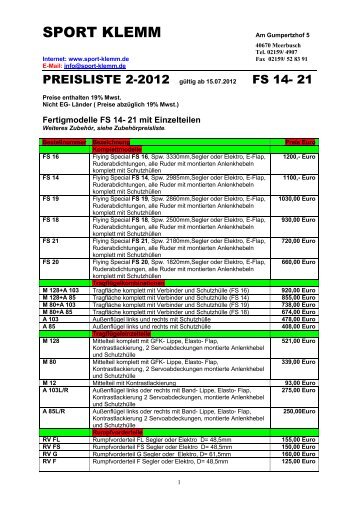 PREISLISTE - Sport Klemm Flugmodelle