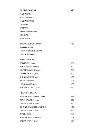 APERITIFS 60 ml 350 SHERRY & PORT 60 ml 400 ... - Vivanta by Taj