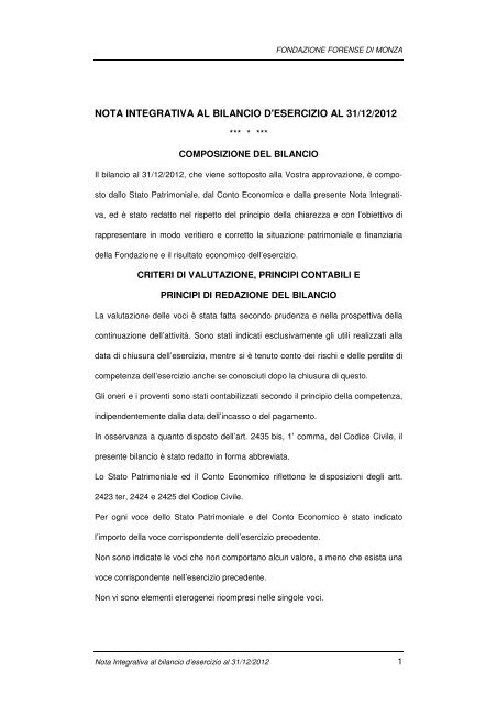 nota integrativa al bilancio d'esercizio al 31/12/2012