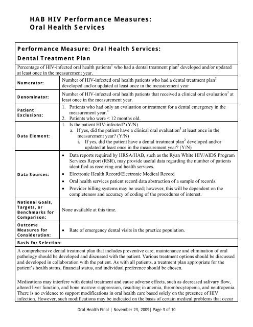 HAB HIV Performance Measures: Oral Health Services - HRSA HIV ...
