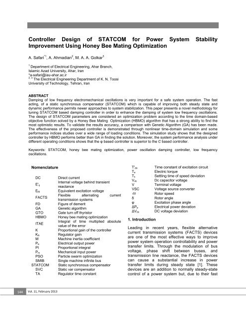Controller Design of STATCOM for Power System Stability ... - JART
