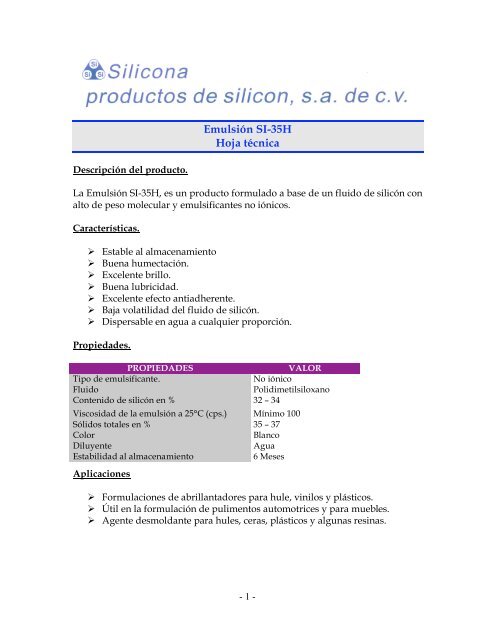 EmulsiÃ³n SI-35H Hoja tÃ©cnica - Silicona.com.mx