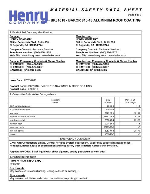 Bakor 810-18 Aluminum Asphalt MSDS - Brock White