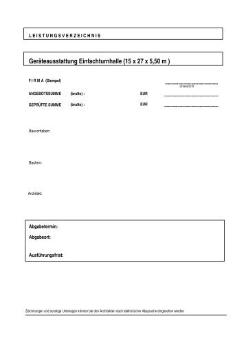 Geräteausstattung Einfachturnhalle (15 x 27 x 5,50 m )