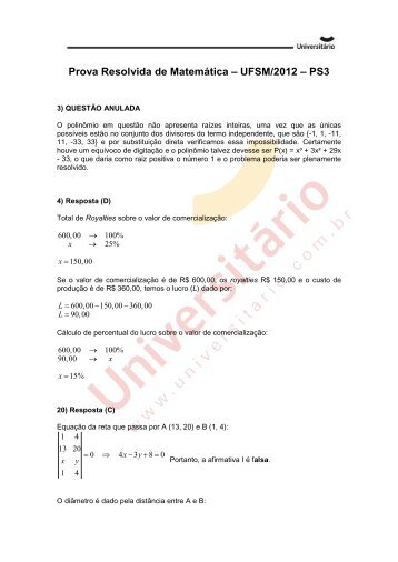 Prova Resolvida de MatemÃ¡tica da UFSM/2012 - Processo Seletivo 3