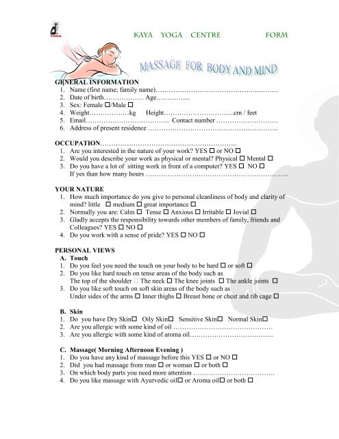 Kaya Yoga Centre Form General Information 1 Name First