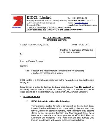 KIOCL Limited - Tenders India
