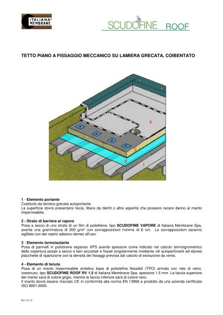 tetto piano a fissaggio meccanico su lamiera grecata, coibentato