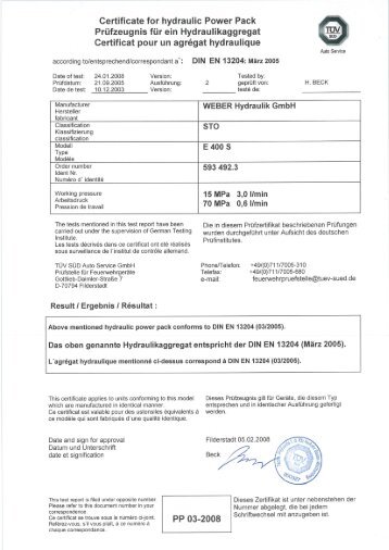 Certificate for hydraulic Power Pack - Weber-Hydraulik GmbH