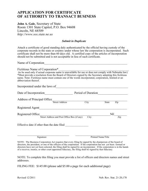 application for certificate of authority to transact business application for certificate of authority to transact business
