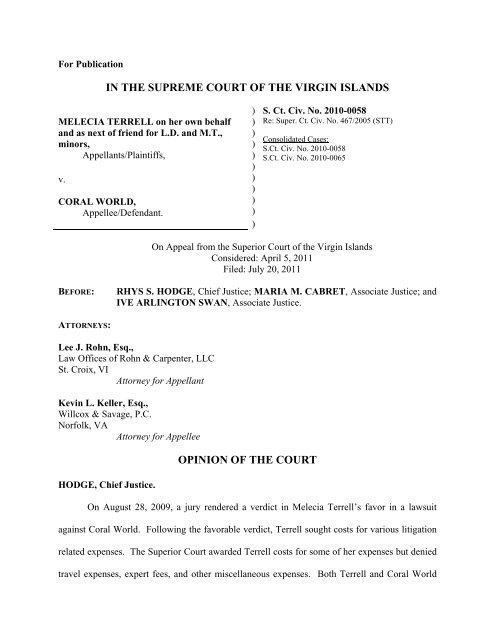 IN THE SUPREME COURT OF THE VIRGIN ISLANDS OPINION OF ...