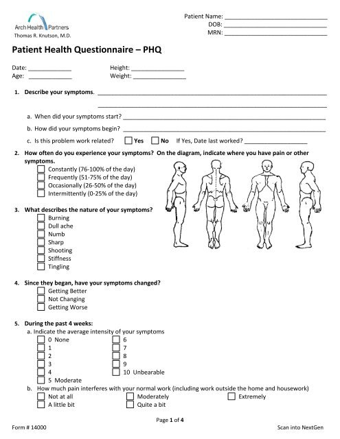 Patient Health Questionnaire – PHQ - Arch Health Partners