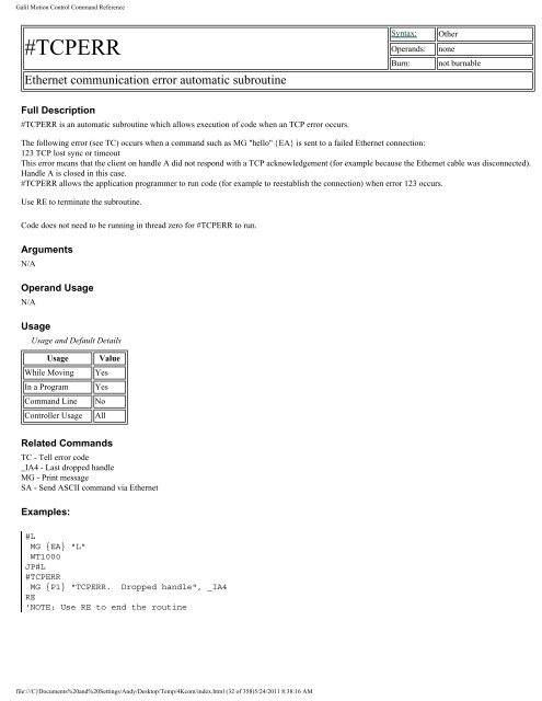 Galil Motion Control Command Reference