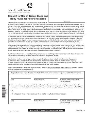 Consent for Use of Tissue, Blood and Body Fluids ... - UHN Research