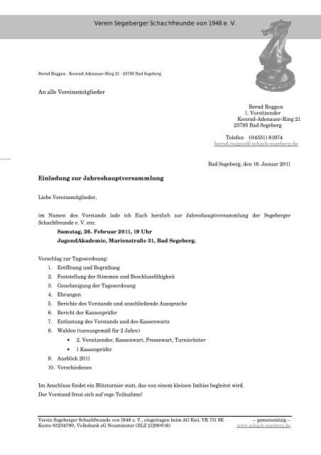 Einladung zur Jahreshauptversammlung - Schach in Segeberg