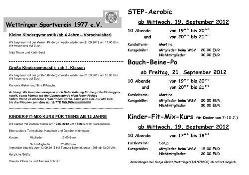 STEP-Aerobic ab Mittwoch, 19. September 2012 10 ... - Wettringen