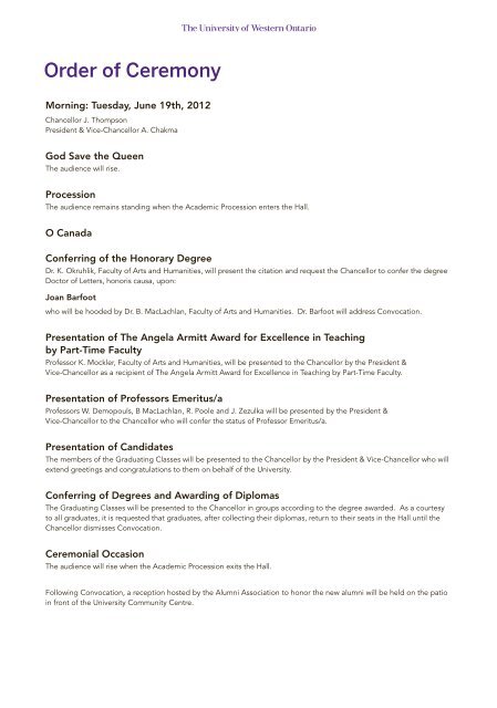 Order Of Ceremony Academic Calendar University Of Western