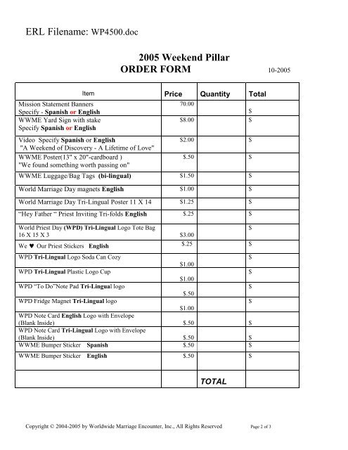 2005 Weekend Pillar ORDER FORM - Worldwide Marriage Encounter