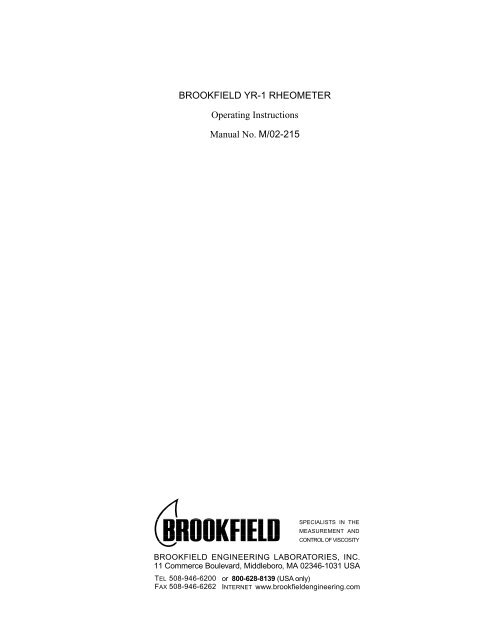 BROOKFIELD YR-1 RHEOMETER Operating Instructions Manual ...