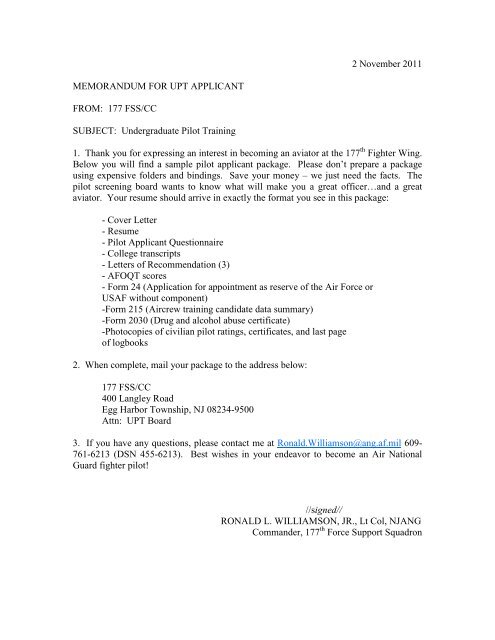 memorandum for applicant 177th Fighter Wing New Jersey ANG