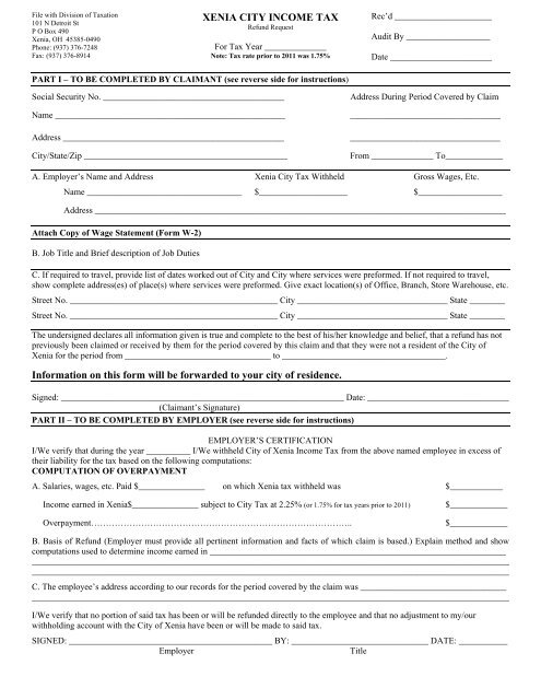 Refund Request Form - City of Xenia