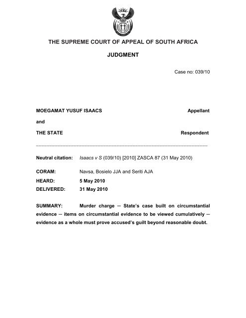 THE SUPREME COURT OF APPEAL OF SOUTH AFRICA JUDGMENT