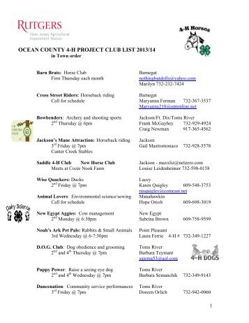 4-H Project Club List - RCE of Ocean County