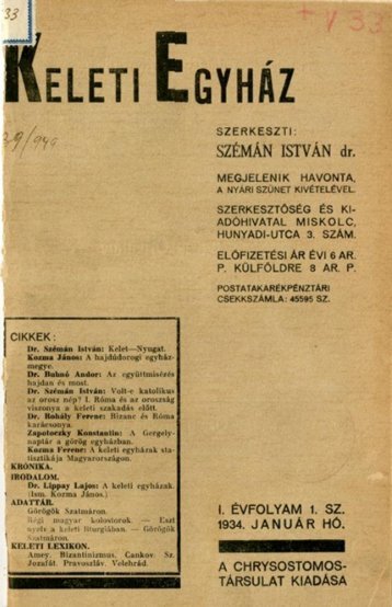 Keleti EgyhÃ¡z 1934/1 - Byzantinohungarica - GÃ¶rÃ¶g Katolikus ÃrÃ¶ksÃ©g