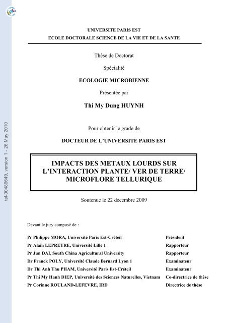 Impact des mÃ©taux lourds sur les interactions plante/ver de terre ...