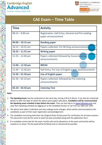 CAE Exam â Time Table