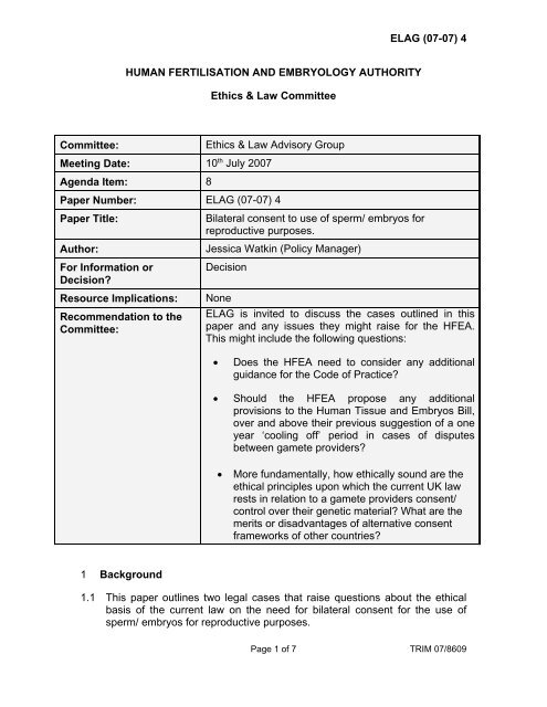 Bilateral consent to use sperm/embryos for reproductive purposes