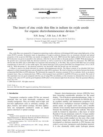 The insert of zinc oxide thin film in indium tin oxide anode for organic ...