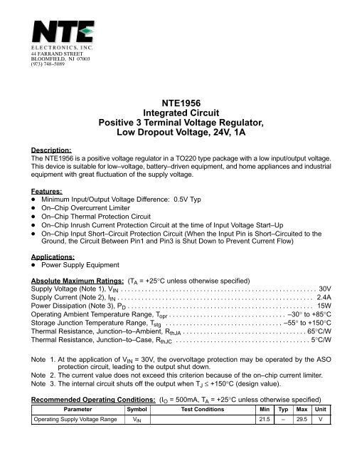 NTE1956 Integrated Circuit Positive 3 Terminal Voltage Regulator ...