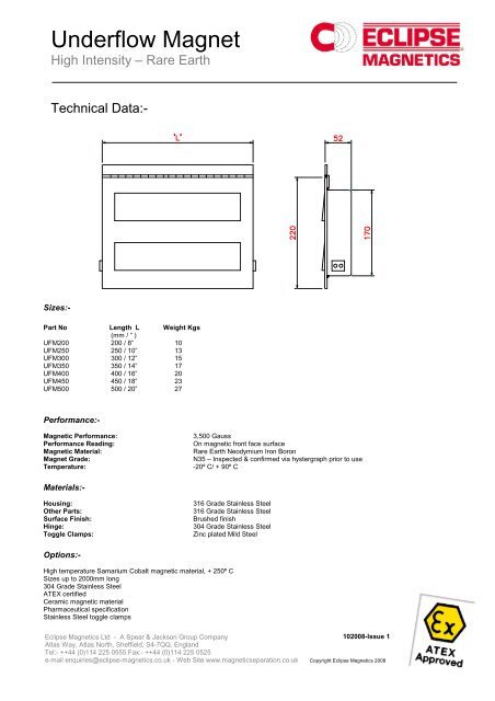 Underflow Magnet datasheet pdf - Eclipse Magnetics