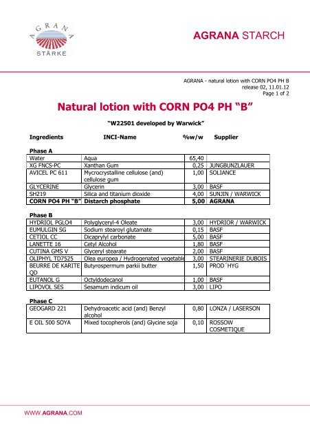 Natural lotion with CORN PO4 PH"B" - Agrana
