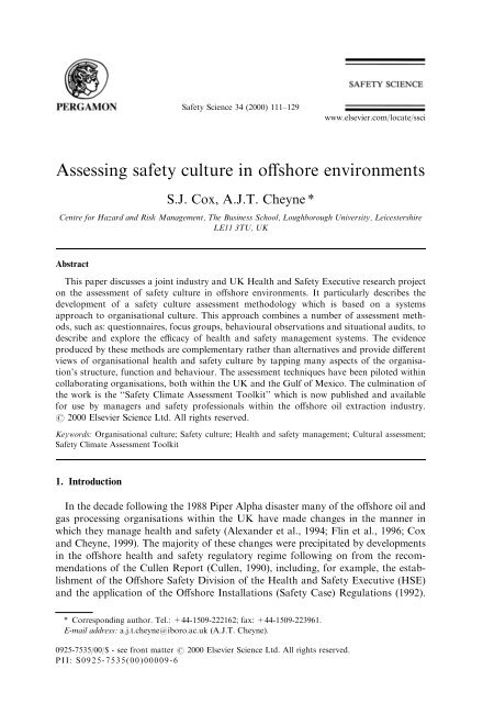 Assessing safety culture in offshore environments - Industrial Centre